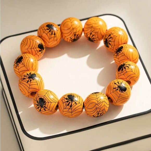 Wooden Spray Painted Black Spider Print Bracelet , Halloween Party - Picture 5 of 10